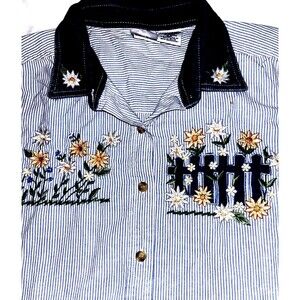 Bobbie Brooks Women’s Denim Button Shirt - Vintage Embroidered Flowers Large